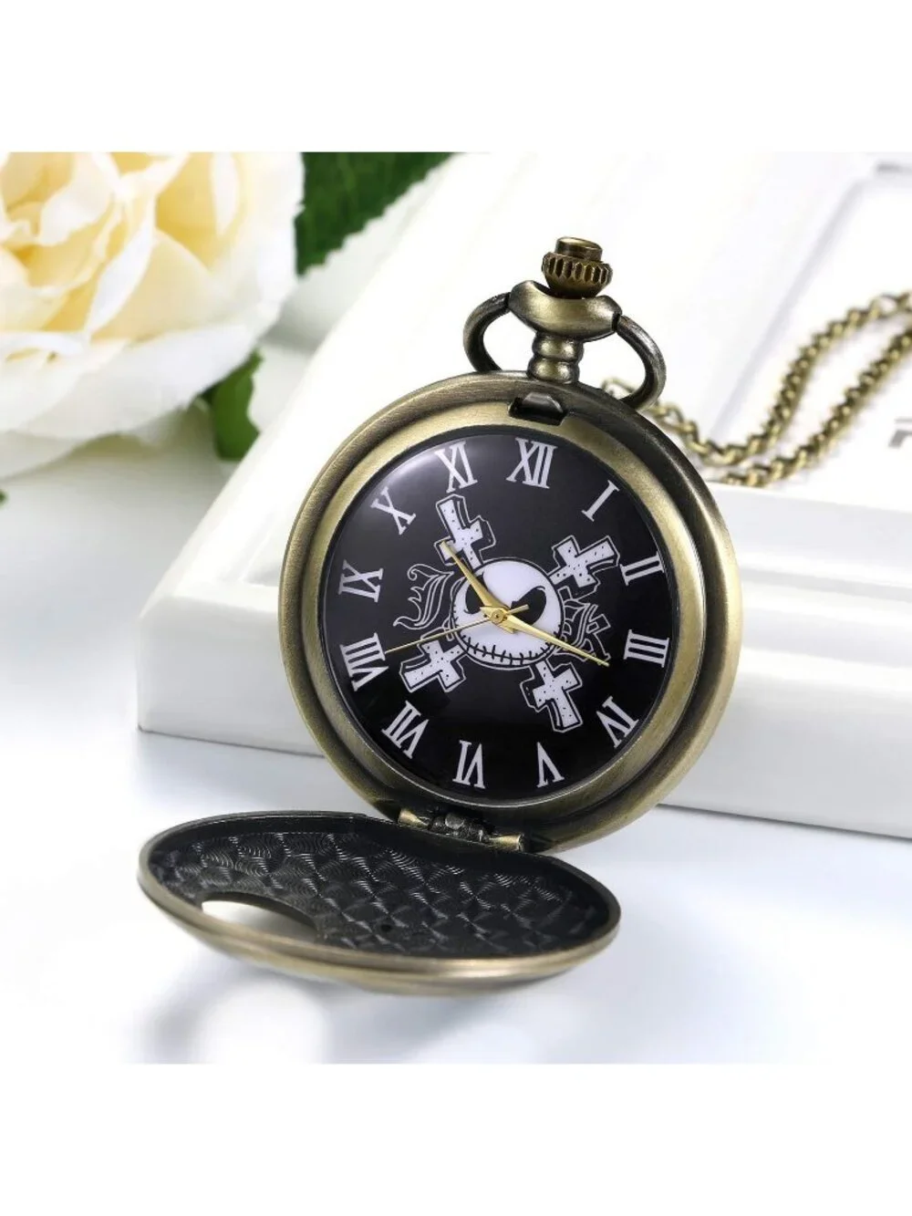 Men's Black Quartz Vintage Novelty Skull Skeleton Face Christmas Pocket Watch